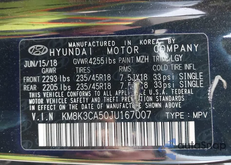 2018 Hyundai Kona Limited z USA, uszkodzony, nr VIN KM8K3CA50JU167007